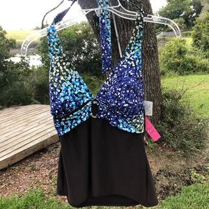 CHRISTINA Swim Top Sz 12 black blue green bubbles